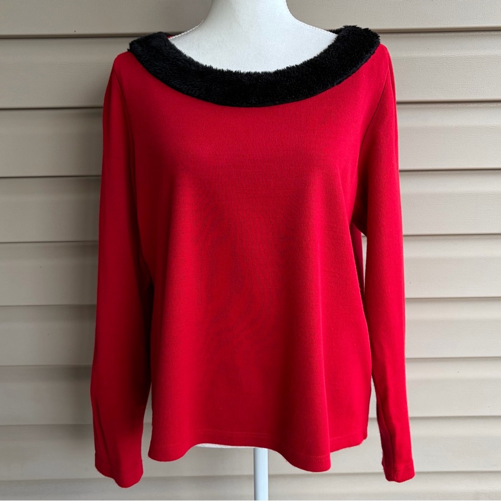 •Nina Leonard• Red Sweater with Black Faux Fur Trim - Size Large